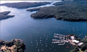 aerial view of marina boat slips in maine